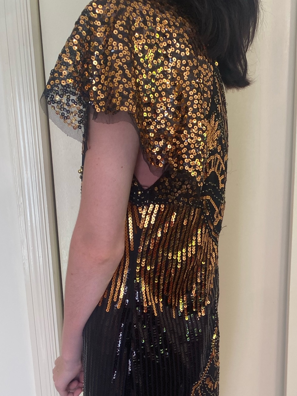 Size Small 1920s Flapper Black & Gold Sequin Fringe Midi Dress party Halloween - Picture 6 of 14